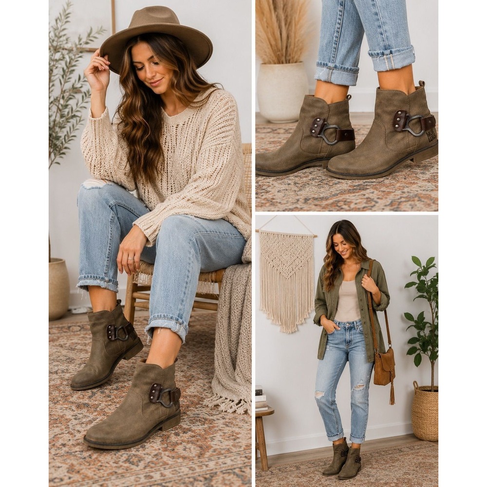 MUK LUKS Women's Buckle Ankle Boots Size 7 Taupe Brown Moto Western